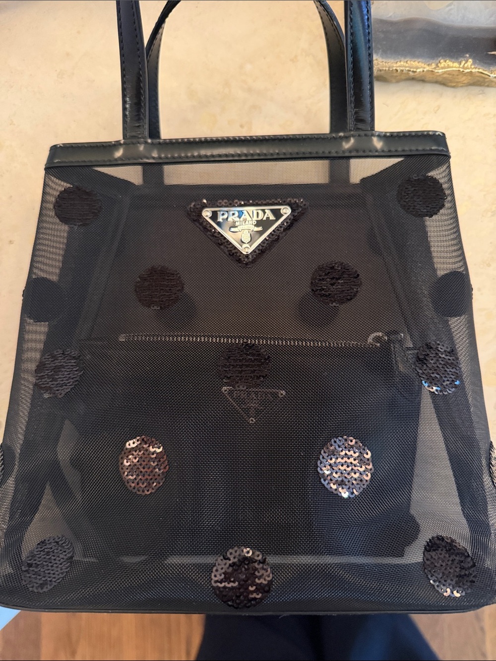Prada Black Mesh Polka Dot Sequin Tote